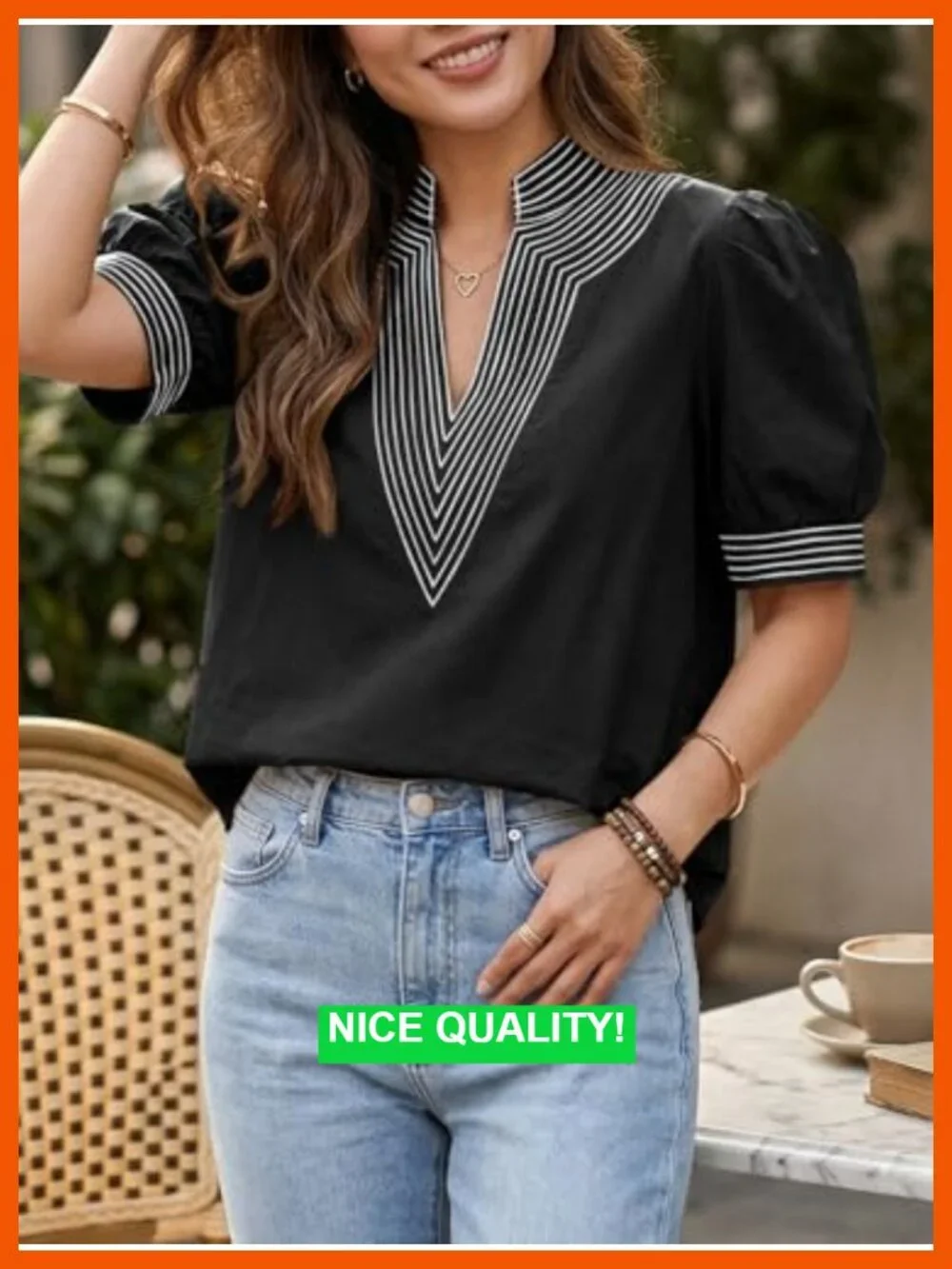 Puff Sleeve Blouse V Neck Contrast Stitch Tops Loose Fit Shirt Summer Casual - Picture 4 of 5